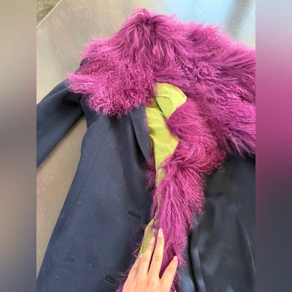 Vintage custom made no label blue coat with purple Mongolian fur trim - Picture 4 of 7